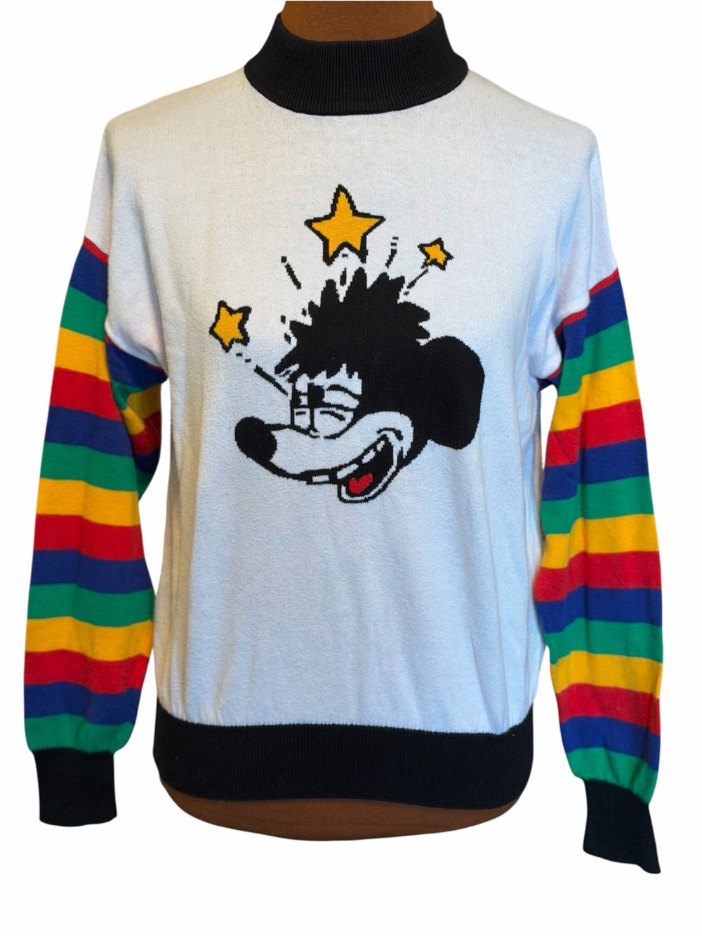 DISNEY x FOREVER 21 Mickey Mouse White Sweater Rainbow Striped Sleeves Size M